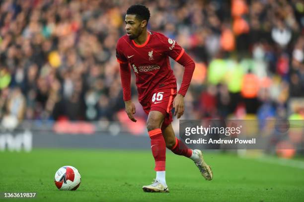 Elijah Dixon-Bonner of Liverpool during the Emirates FA Cup Third Round match between Liverpool and Shrewsbury Town at Anfield on January 09, 2022 in...