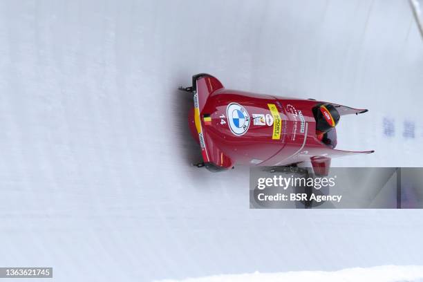 An Vannieuwenhuyse and Sara Aerts of Belgium compete in the 2-woman Bobsleigh during the BMW IBSF Bob & Skeleton World Cup at VELTINS-EisArena on...