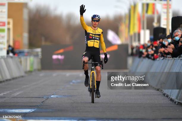 Wout Van Aert of Belgium celebrates at finish line as race winner during the 105th Belgian National Cyclo-cross Championships 2022 - Men's Elite /...