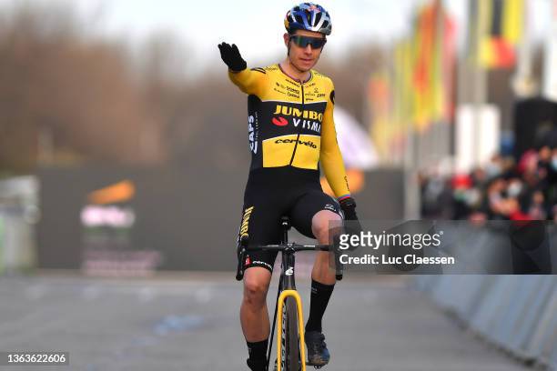 Wout Van Aert of Belgium celebrates at finish line as race winner during the 105th Belgian National Cyclo-cross Championships 2022 - Men's Elite /...
