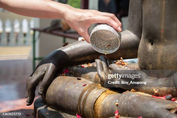 close up of woman hand pouring down scented water to buddha statue hand during the songkran festival in thailand. - songkran festival stock-fotos und bilder