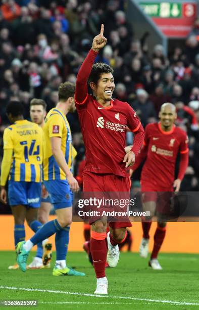 Roberto Firmino of Liverpool celebrates after scoring the third goal during the Emirates FA Cup Third Round match between Liverpool and Shrewsbury...