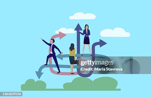 Decision making process with many solution path choices tiny person concept. Decision making process with many solution path choices tiny person concept.