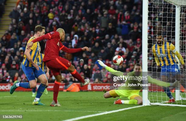 Fabinho of Liverpool scores the fourth goal making the score 4-1 during the Emirates FA Cup Third Round match between Liverpool and Shrewsbury Town...