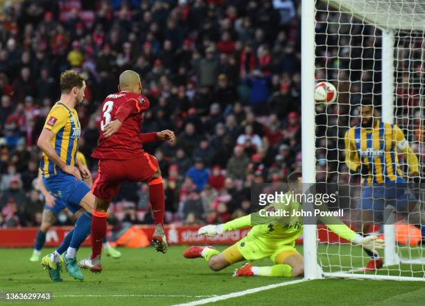 Fabinho of Liverpool scores the fourth goal making the score 4-1 during the Emirates FA Cup Third Round match between Liverpool and Shrewsbury Town...