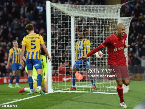 Fabinho of Liverpool celebrates after scoring the fourth goal during the Emirates FA Cup Third Round match between Liverpool and Shrewsbury Town at...