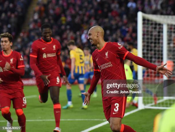 Fabinho of Liverpool celebrates after scoring the fourth goal during the Emirates FA Cup Third Round match between Liverpool and Shrewsbury Town at...