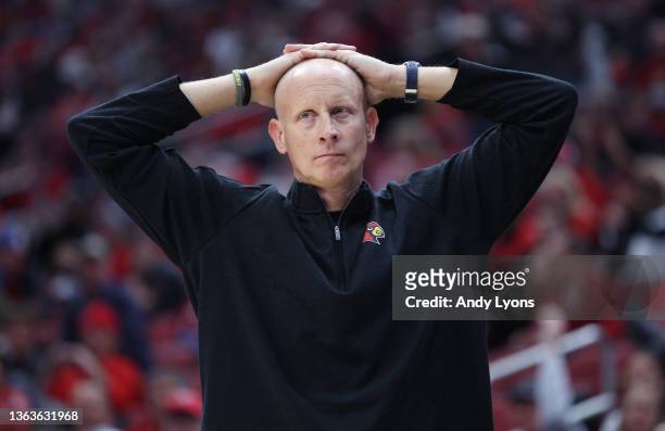 Chris Mack the head coach of the Louisville Cardinals during the game against the Wake Forest Deacons at KFC YUM! Center on December 29, 2021 in...