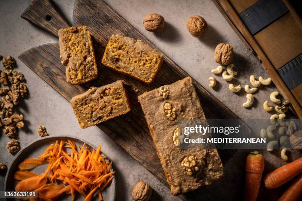 vegan carrot cake full plant based recipe homemade - carrot cake stock pictures, royalty-free photos & images