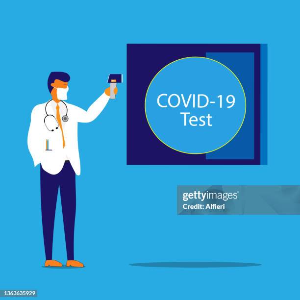 taking temperature of covid test - doctor checking temperature stock illustrations