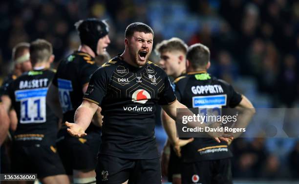 Alfie Barbeary of Wasps celebrates during the Gallagher Premiership Rugby match between Wasps and Leicester Tigers at The Coventry Building Society...