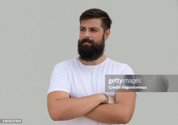 bearded handsome man in casual clothing, daylight portrait - man with gray hair stock pictures, royalty-free photos & images