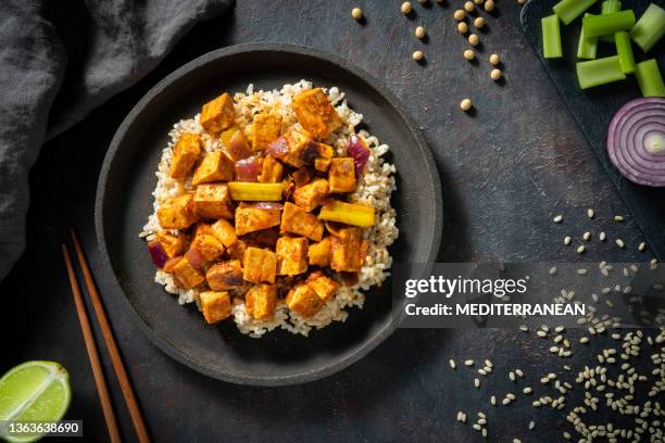 gebratener tofu mit braunem reis veganes asiatisches rezept auf pflanzlicher basis - tofu stock-fotos und bilder