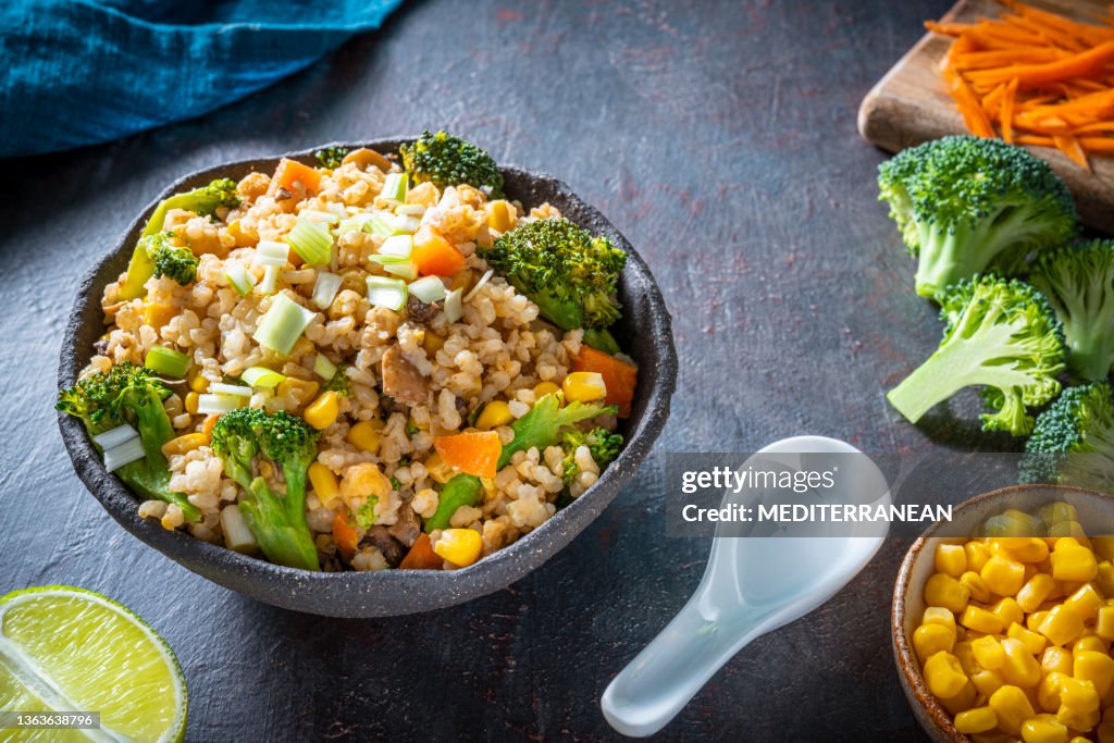Stir fry brown rice vegan plant based asian recipe