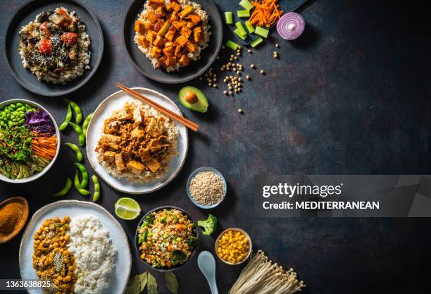 vegan plant based asian food recipes with rice and brown rice as - chinese rice bowl stock pictures, royalty-free photos & images