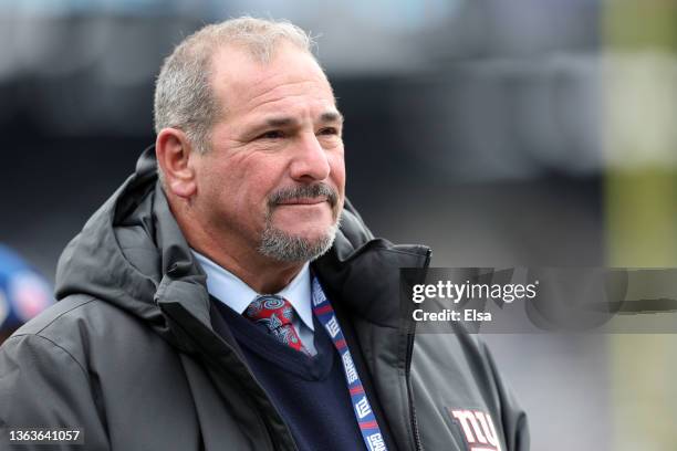 General Manager Dave Gettleman of the New York Giants looks on from the sidelines before the game against the Washington Football Team at MetLife...