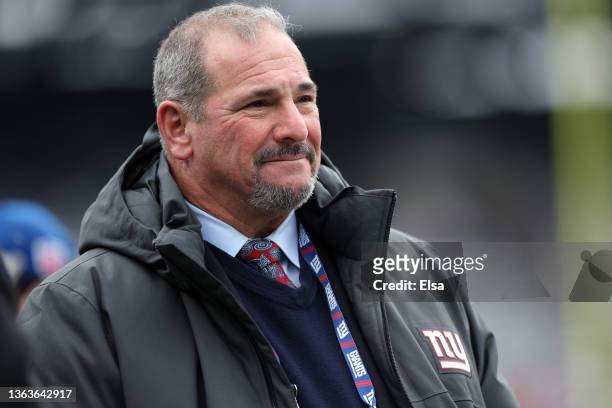 General Manager Dave Gettleman of the New York Giants looks on from the sidelines before the game against the Washington Football Team at MetLife...