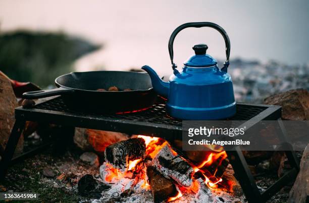 teapot and cast iron over campfire - camping campfire stock pictures, royalty-free photos & images