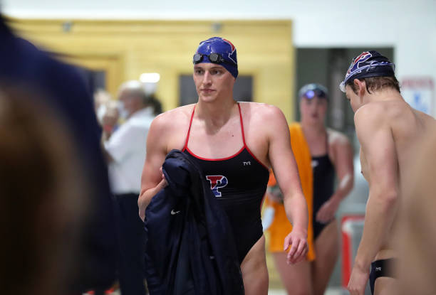 Lia Thomas of the Pennsylvania Quakers after winning the 500 meter freestyle event during a tri-meet against the Yale Bulldogs and the Dartmouth Big...