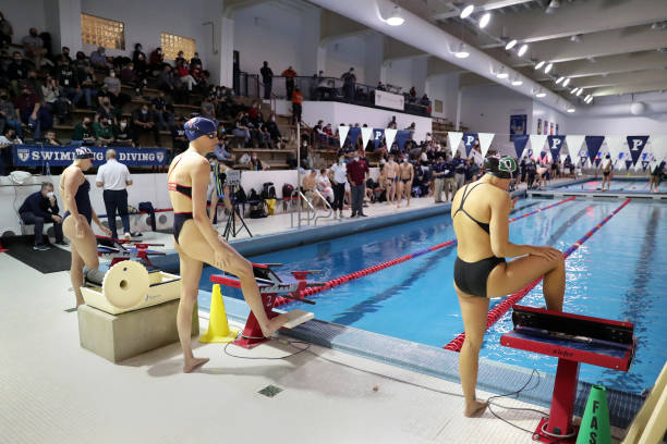 Lia Thomas of the Pennsylvania Quakers gets ready to compete in the 500 meter freestyle event during a tri-meet against the Yale Bulldogs and the...