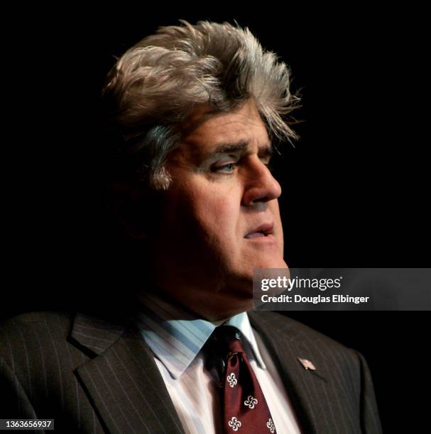 Close-up of American comedian and television host Jay Leno during a performance at the Breslin Center, East Lansing, Michigan, October 8, 2005.