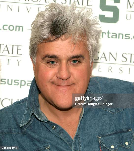 Portrait of American comedian and television host Jay Leno as he poses backstage at the Breslin Center, East Lansing, Michigan, October 8, 2005.