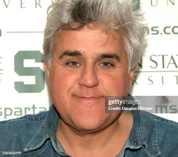 Portrait of American comedian and television host Jay Leno as he poses backstage at the Breslin Center, East Lansing, Michigan, October 8, 2005.