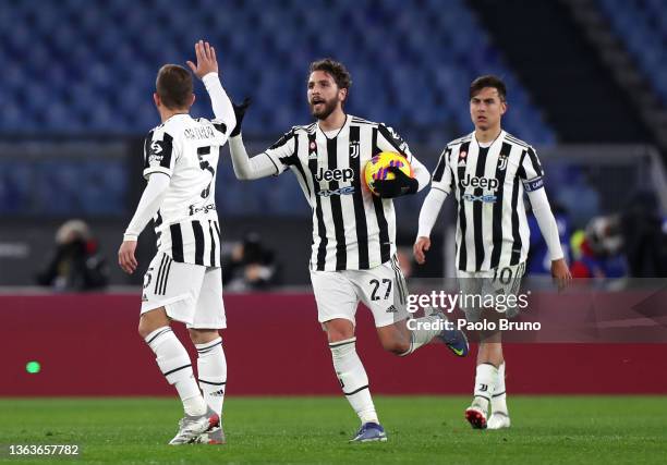 Manuel Locatelli of Juventus celebrates after scoring their side's second goal during the Serie A match between AS Roma v Juventus at Stadio Olimpico...