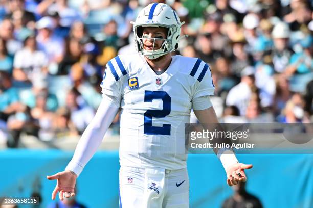 Carson Wentz of the Indianapolis Colts looks to the sidelines during the second quarter in the game against the Jacksonville Jaguars at TIAA Bank...