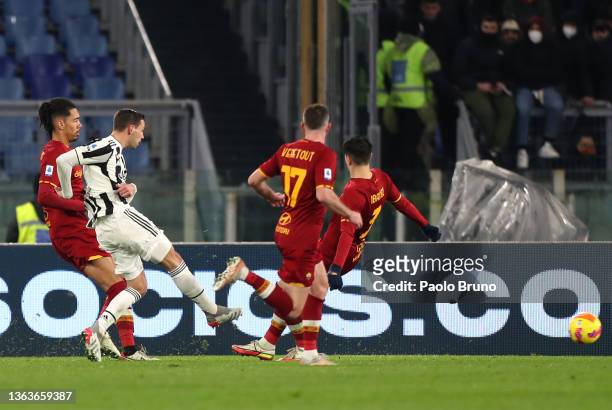 Mattia De Sciglio of Juventus scores their side's fourth goal during the Serie A match between AS Roma v Juventus at Stadio Olimpico on January 09,...