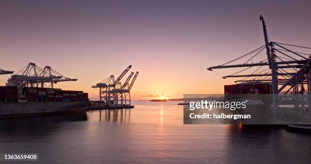 sunset over the pacific from the port of long beach - long beach california stockfoto's en -beelden