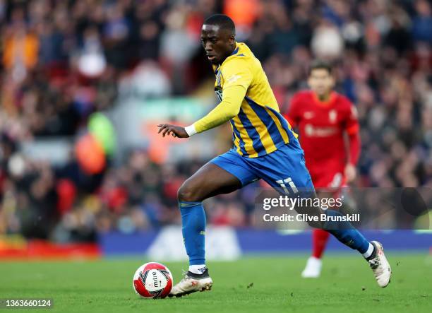 Daniel Udoh of Shrewsbury Town on the ball during the Emirates FA Cup Third Round match between Liverpool and Shrewsbury Town at Anfield on January...