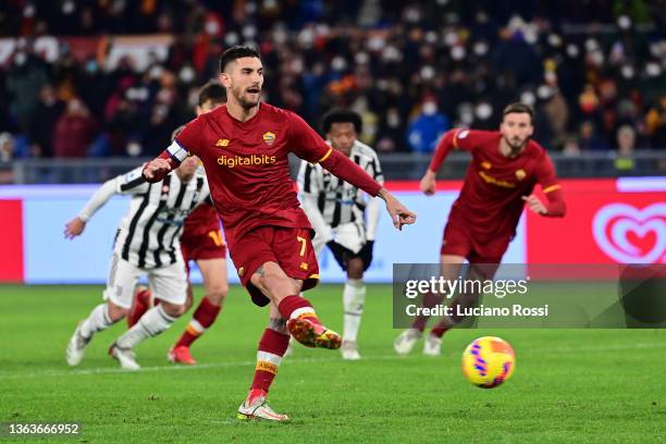 Roma player Lorenzo Pellegrini takes a penalty which he missed during the Serie A match between AS Roma v Juventus at Stadio Olimpico on January 09,...