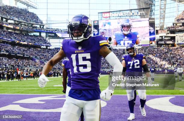Ihmir Smith-Marsette of the Minnesota Vikings celebrates his 44-yard touchdown over the Chicago Bears in the third quarter of the game at U.S. Bank...