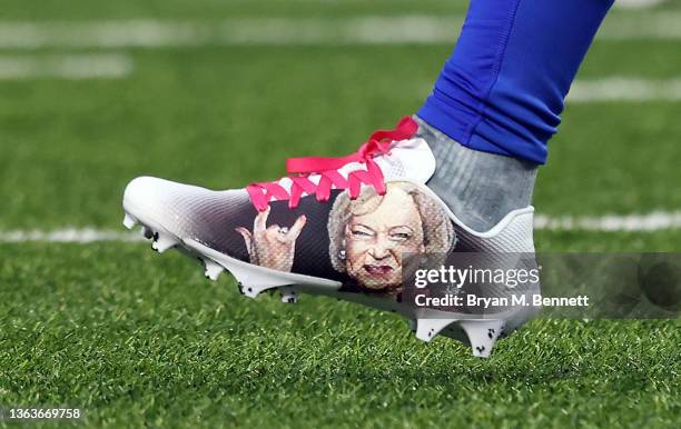 Stefon Diggs of the Buffalo Bills wears cleats honoring Betty White during pregame warm-ups prior to a game against the New York Jets at Highmark...