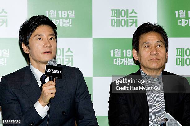 South Korean actors Kim Myung-Min and Ahn Sung-Ki attends the 'Pace Maker' Press Screening at Lotte Cinema on January 3, 2012 in Seoul, South Korea....