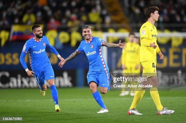 Angel Correa of Atletico Madrid celebrates their side's first goal during the La Liga Santander match between Villarreal CF and Club Atletico de...