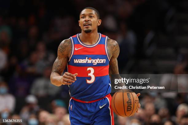 Bradley Beal of the Washington Wizards handles the ball during the NBA game at Footprint Center on December 16, 2021 in Phoenix, Arizona. NOTE TO...