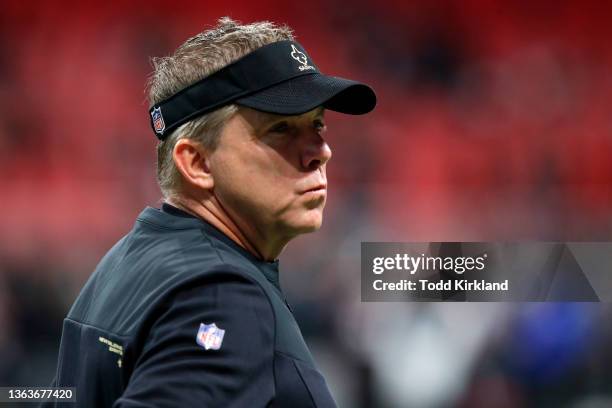 Head coach Sean Payton of the New Orleans Saints on the sidelines before the game against the Atlanta Falcons at Mercedes-Benz Stadium on January 09,...