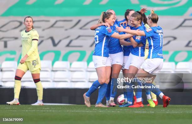 Veatriki Sarri of Birmingham City is congratulated by her team mates after scoring her teams second goal during the Barclays FA Women's Super League...
