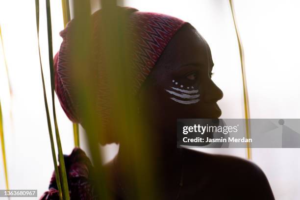 black beauty silhouette in tropical foliages - body paint art fotografías e imágenes de stock