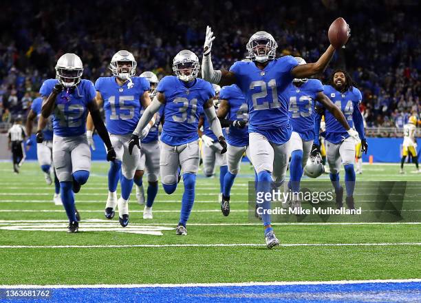 Tracy Walker III of the Detroit Lions celebrates after an interception against the Green Bay Packers during the fourth quarter at Ford Field on...