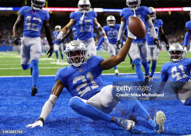 Tracy Walker III of the Detroit Lions celebrates after an interception against the Green Bay Packers during the fourth quarter at Ford Field on...