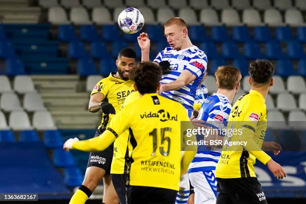 Kristopher Da Graca of VVV-Venlo and Jasper Van Heertum of De Graafschap compete for the headed ball during the Dutch Keukenkampioendivisie match...