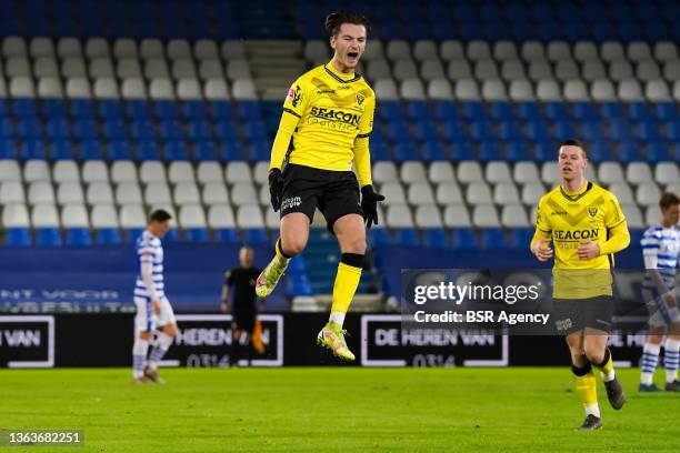 Aaron Bastiaans of VVV-Venlo celebrates after scoring his sides first goal during the Dutch Keukenkampioendivisie match between De Graafschap and...