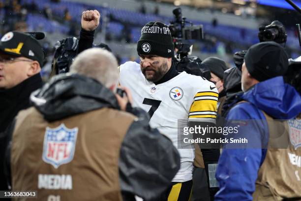 Ben Roethlisberger of the Pittsburgh Steelers walks off the field after a win over the Baltimore Ravens at M&T Bank Stadium on January 09, 2022 in...