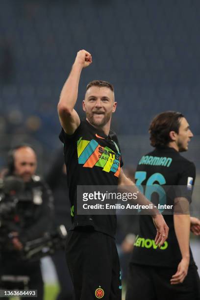 Milan Skriniar of FC Internazionale celebrates victory at the end of the Serie A match between FC Internazionale v SS Lazio at Stadio Giuseppe Meazza...