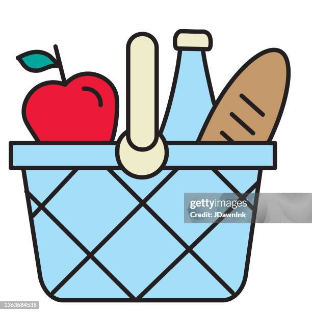 shopping basket with groceries thin line icon set - editable stroke - convenience food stock illustrations