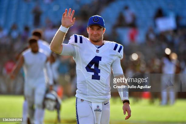Sam Ehlinger of the Indianapolis Colts waves to fans after a loss to the Jacksonville Jaguars at TIAA Bank Field on January 09, 2022 in Jacksonville,...
