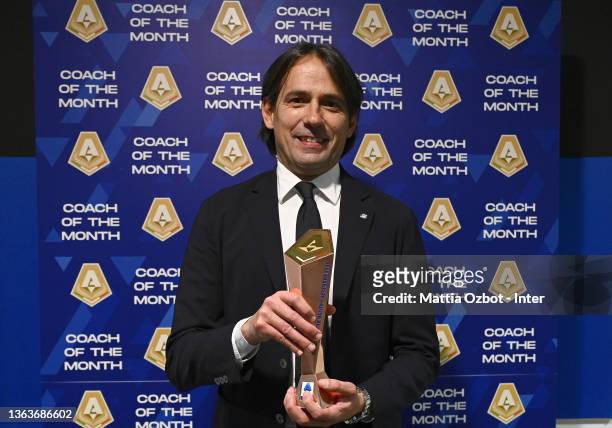 Head coach of FC Internazionale Simone Inzaghi receives the award for the coach of the month during the Serie A match between FC Internazionale v SS...